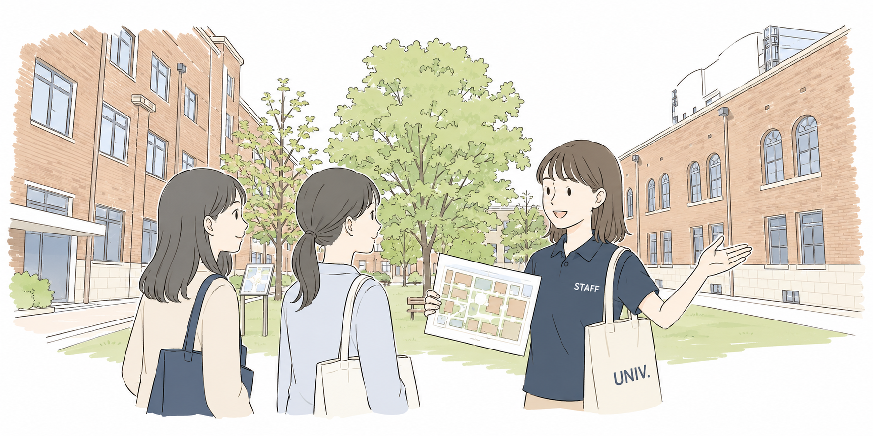 学生スタッフがキャンパスを案内するイラスト