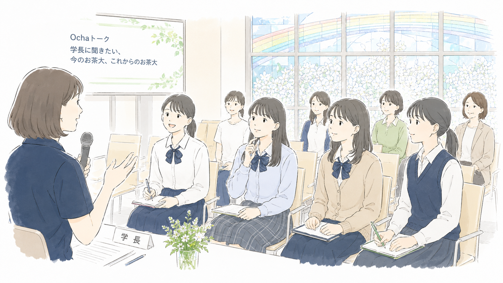 女子高生が学長の話を近い距離で聞くトークイベントのイラスト