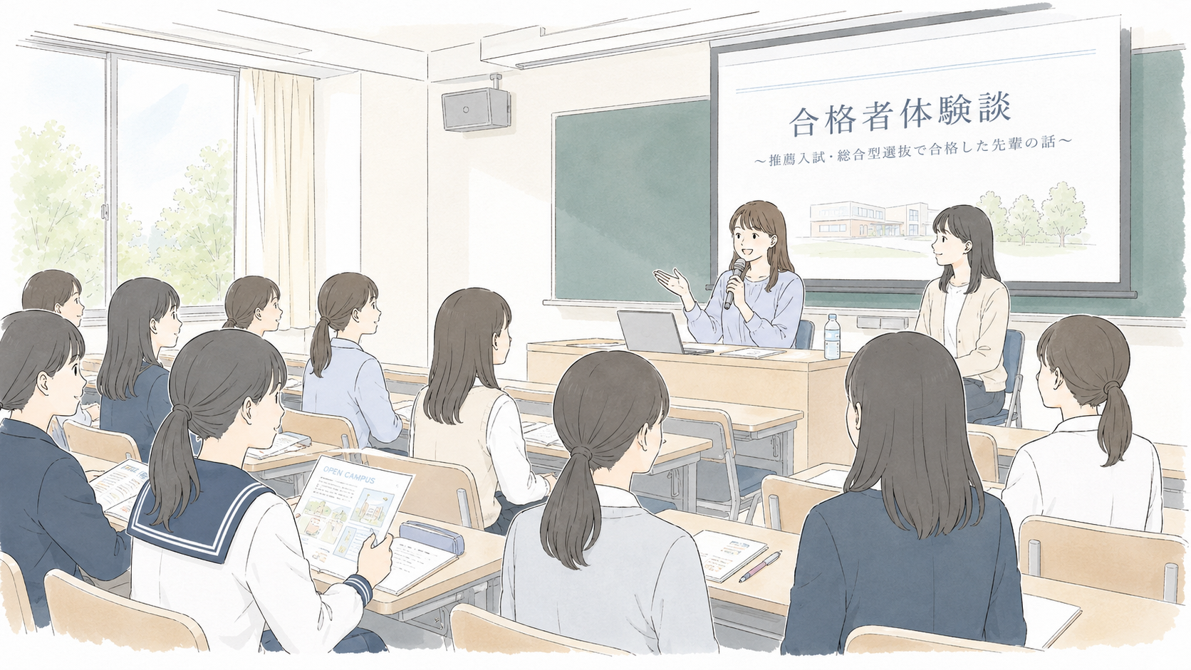 合格した在学生が受験生に体験談を話しているイラスト